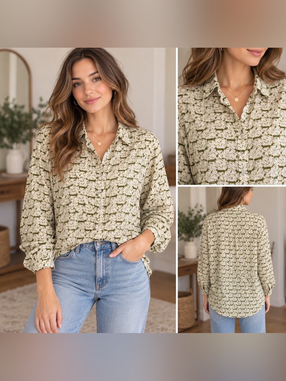 Color Paper Olive Green Woodland Animal Print Button Down Blouse L